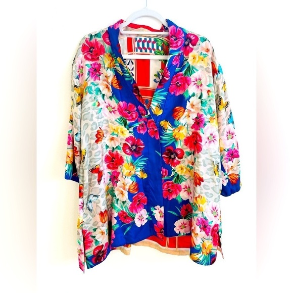 Johnny Was Blue Red multicolor floral printed Ridge Gianni reversible Kimono S